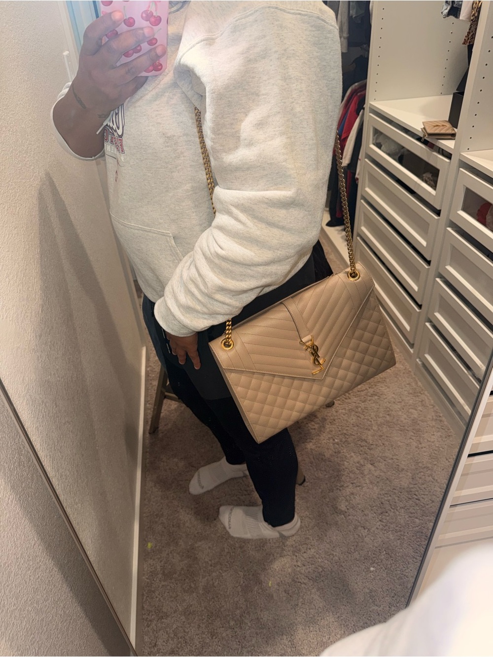 Saint Laurent Beige Quilted Leather Shoulder Bag with Gold YSL Logo - Picture 9 of 10